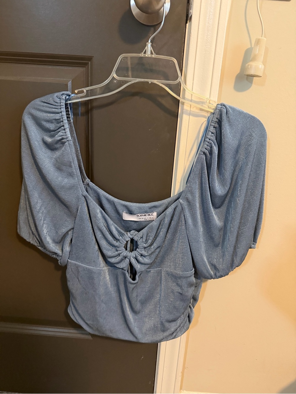 Sophie Rue Light Blue Puff-Sleeve Crop Top with Front Tie